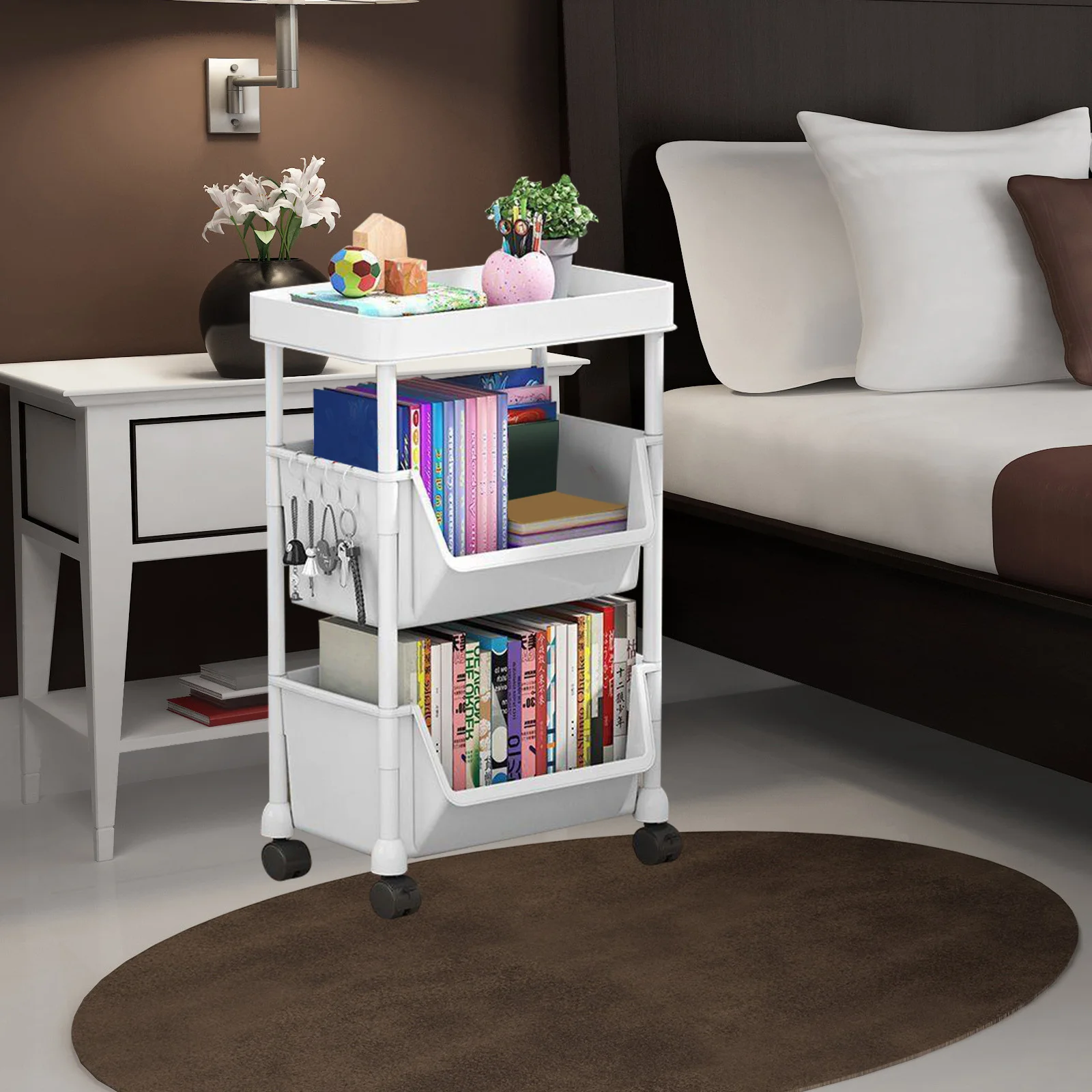 3-Tier المنقولة عجلات Pp تخزين الرف عربة مع عجلات لتنظيم المنزل متعدد الطبقات رف كتب عربة المرافق