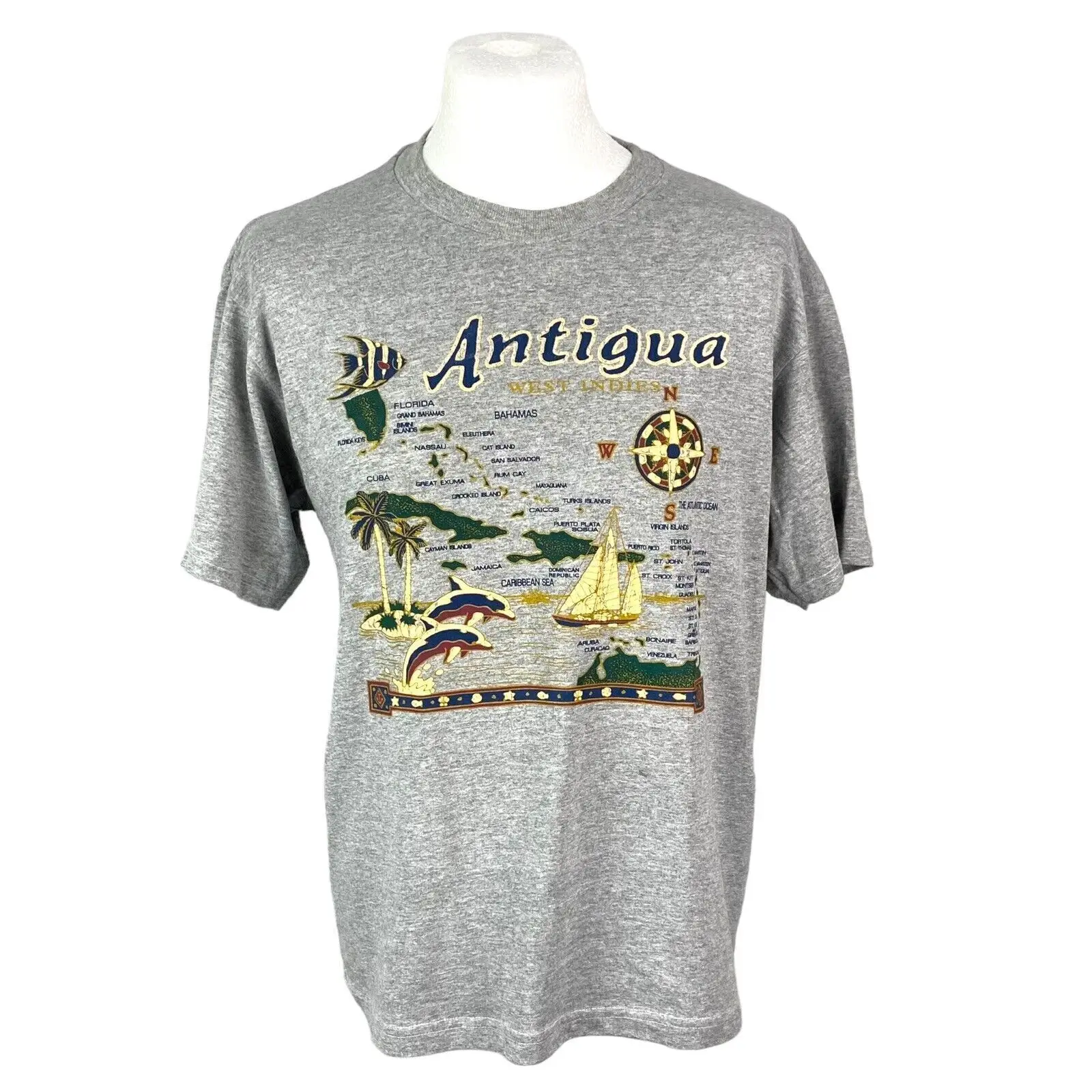 Antigua T Shirt Grey Large Travel Tourist West Indies Holiday Summer Graphic Tee