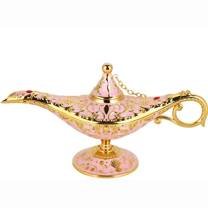 Classic Aladding Magic Genie Lamp Legend Wishing Light Costume Lamp Metal Carved Incense Burner for Home Tabletop Decoration