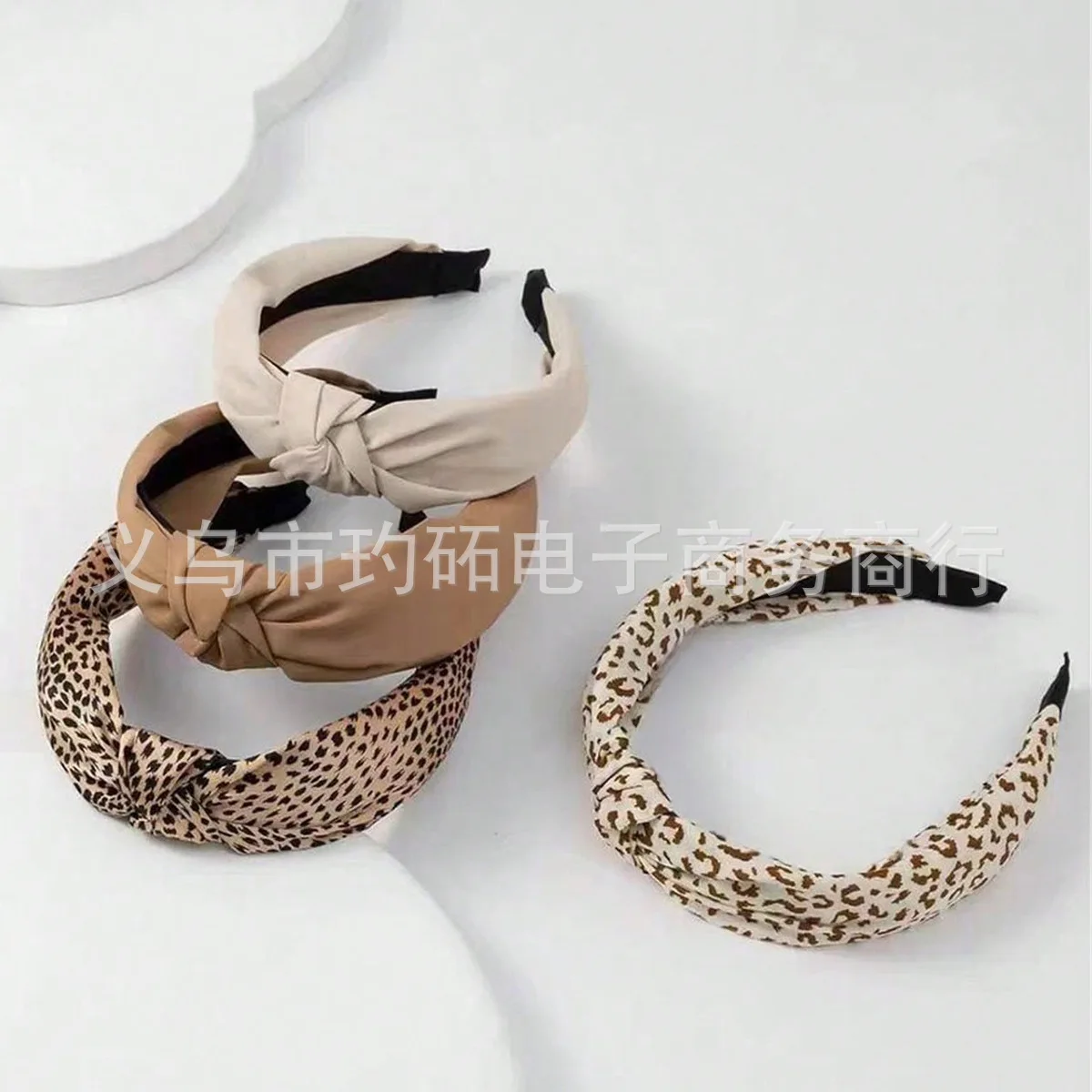 1pc Retro Leopard Print Headband Wide Band Bow Knot Solid Color Fabric Hair Hoop for Women Face Slimming Versatile