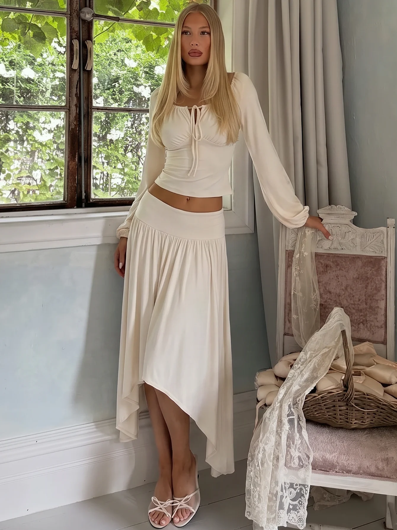 Hugcitar Fashion 2 Piece Sets Solid Long Sleeve Drawstring Bandage Crop T-Shirt Midi Skirt Irregular Women Outfit Birthday Party