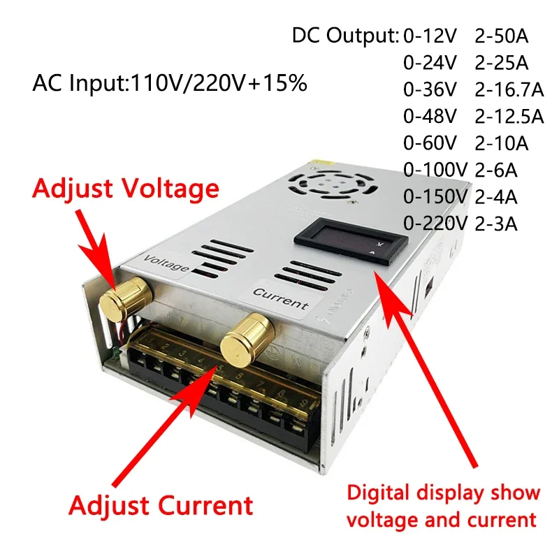 AC DC 5V 12V 24V 36V 48V Adjustable Switching Power Supply 60V 100V 150V 220V 600W With Digital Display Power Supply 12V