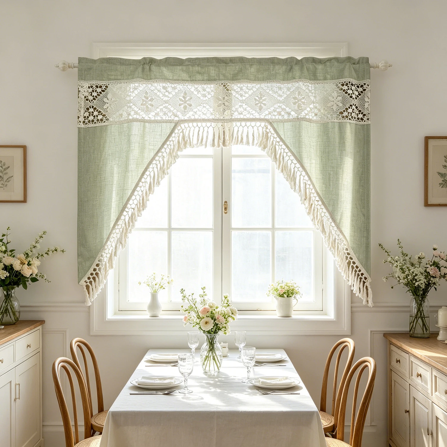 

1PC Matcha Green Hollow Stitching Curtain for Living Room Kitchen Window Drape With Bottom Tassel Home Decoration