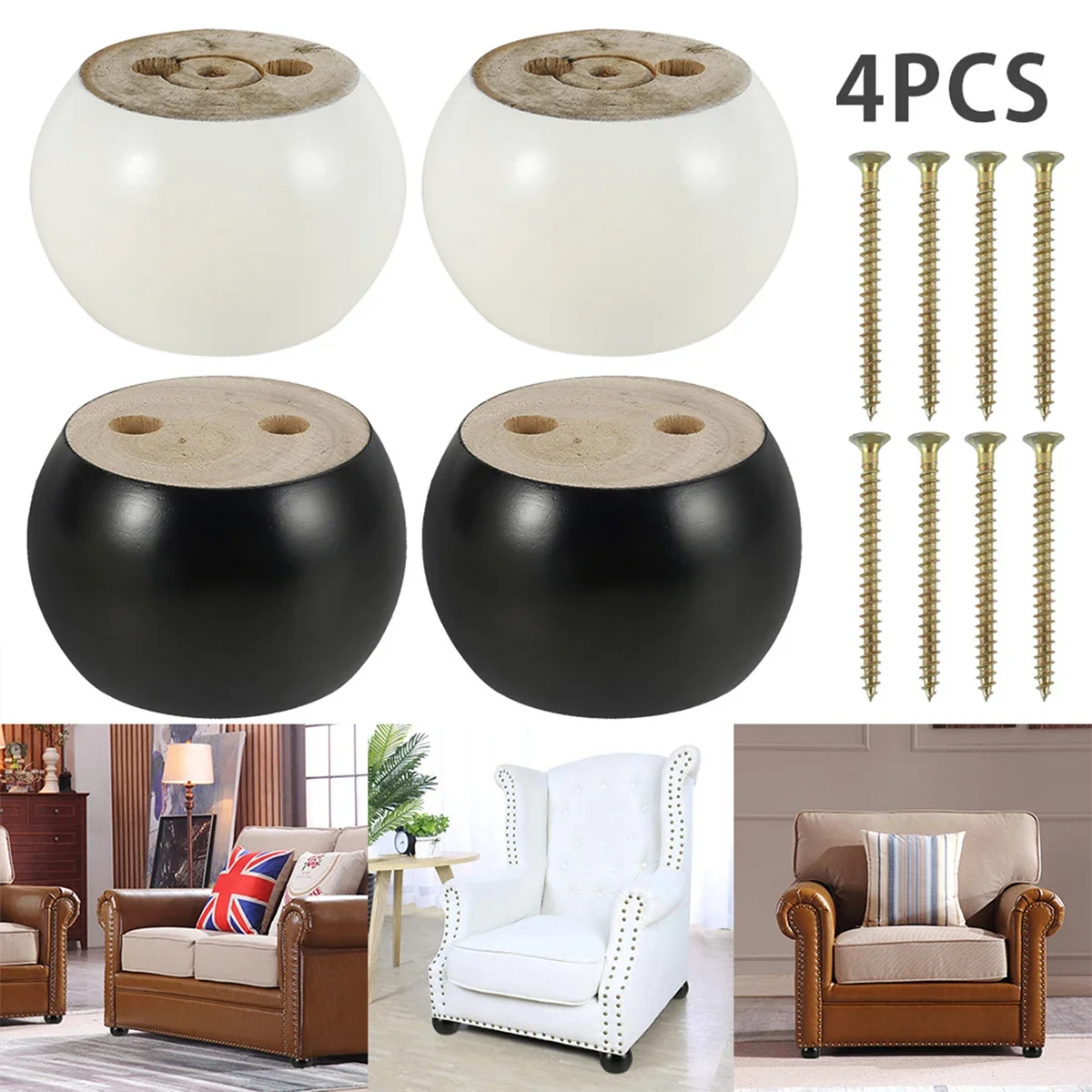 4Pcs Wooden Furniture Legs 10 CM Rounded Solid Wood Sofa Feet with Screws for DIY Chair Cabinet Table Feet Replacement Set