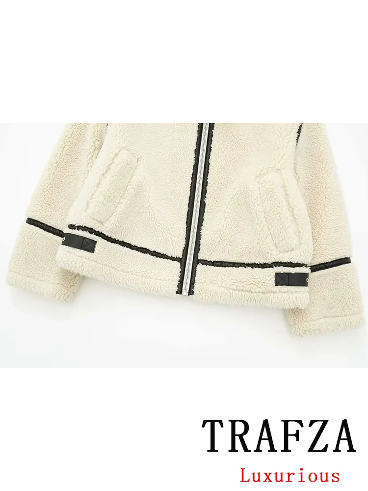 TRAFZA Vintage Chic Women Lambwools Jackets Patchwork Long Sleeve Zipper Pockets Loose Coats Fashion 2024 Autumn Winter Outwears