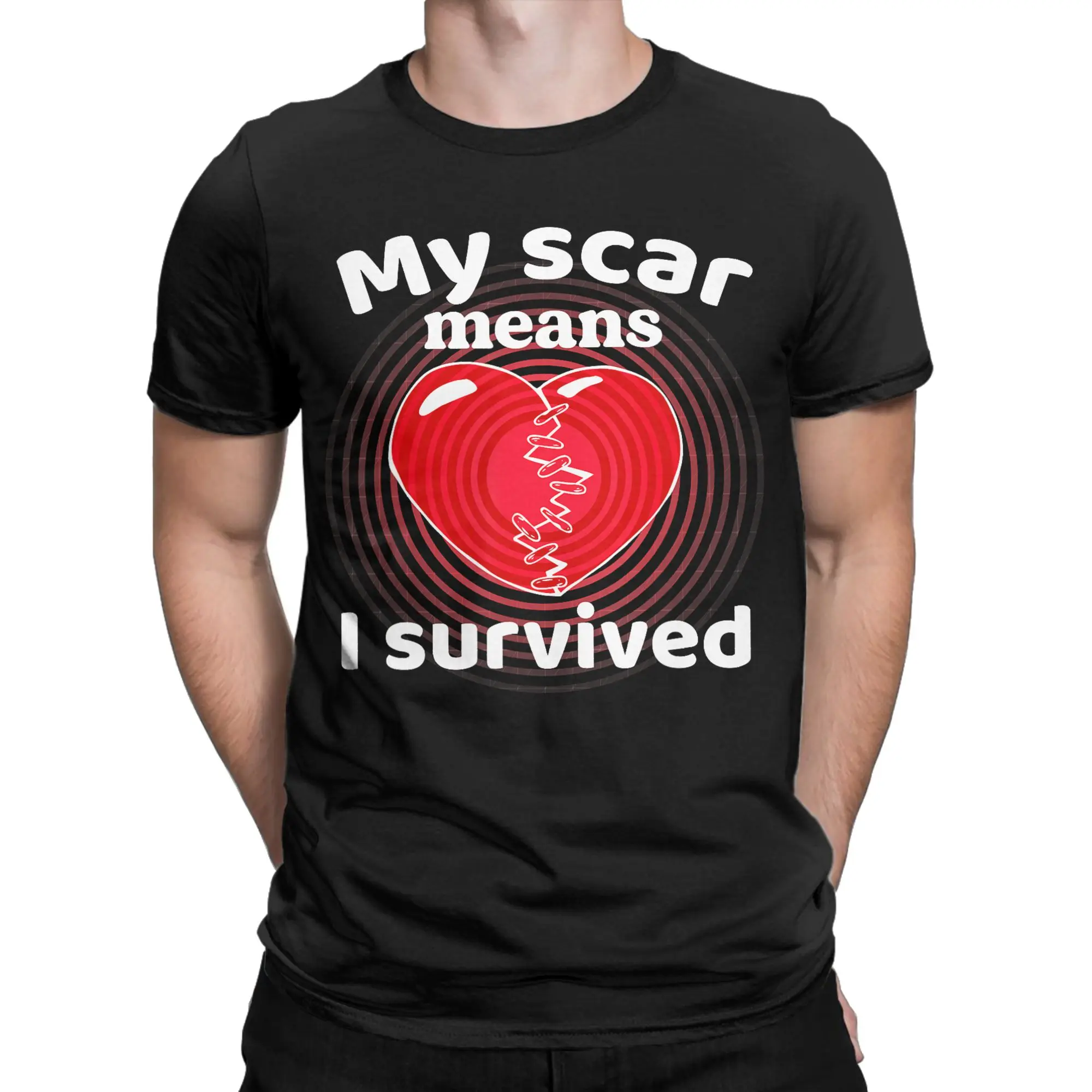 Men T-Shirts My Scar Means I Survived Heart  Vintage 100% Cotton Tees Short Sleeve  T Shirt Crew Neck Clothing Graphic