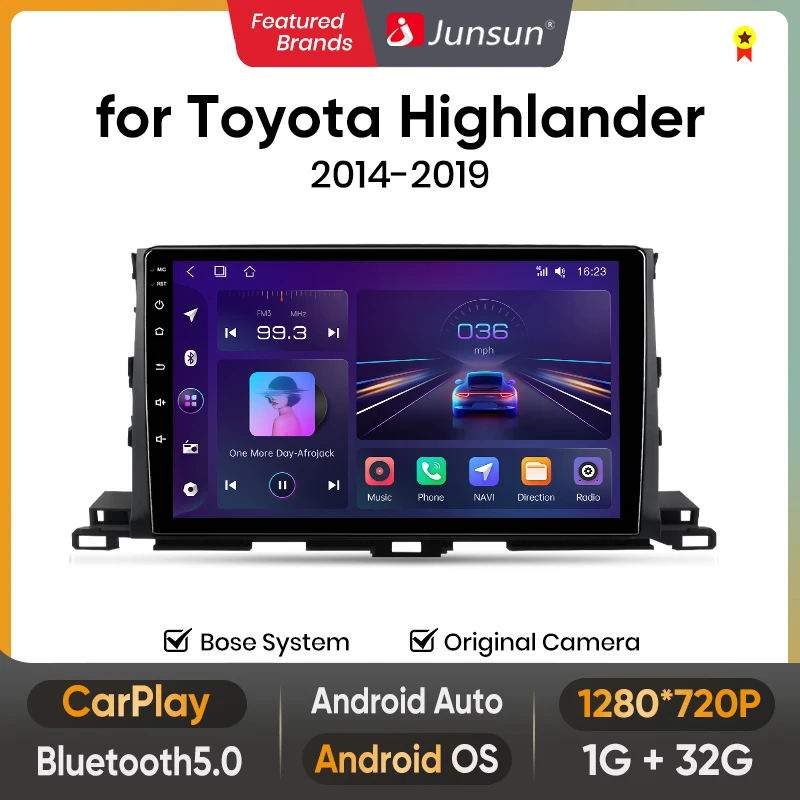 Junsun Wireless Carplay Android Auto Android 15 Car Multimedia Touch Screen Head Unit for Toyota Highlander 2014 2015 2016 2017 2018 2019 GPS Radio Bluetooth 5.0 4G LTE 5G WiFi Smart Voice Control Stereo Receiver
