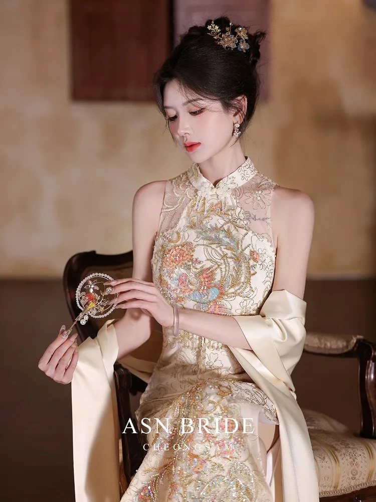 Heavy industry golden toasting dress cheongsam Chinese-style engagement for women light luxury morning gown