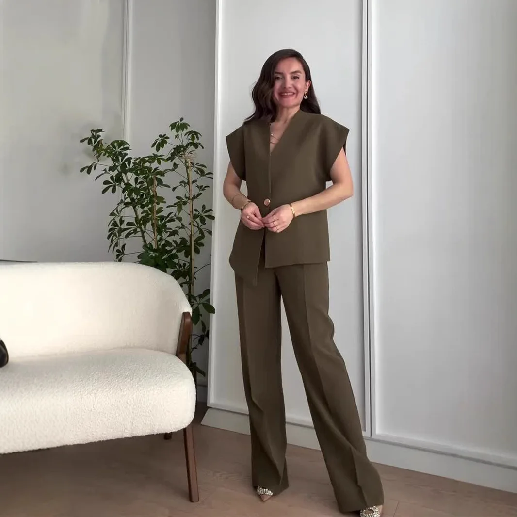 레그 포켓 지퍼 팬츠 2026 봄 여름 캐주얼 여성 정장 빈티지 솔리드 탑 바지 반팔 버튼 브이넥 셔츠 와이드