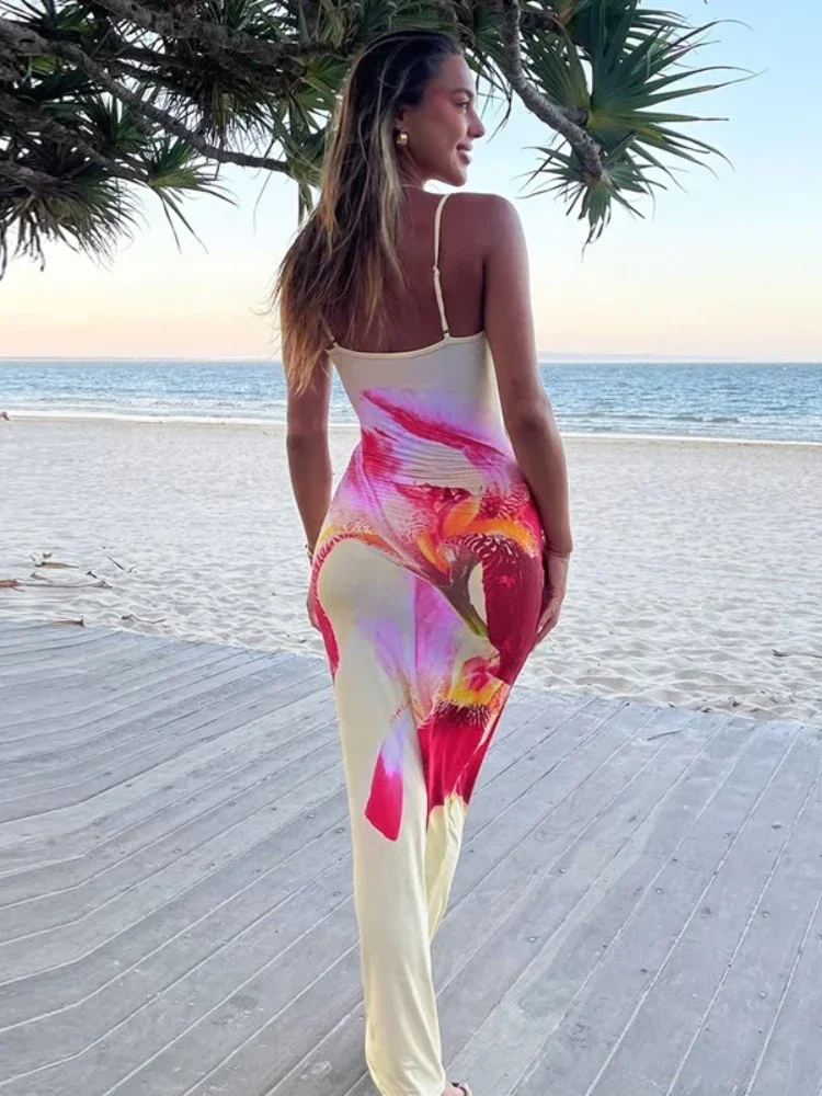 สปาเก็ตตี้สตรีสายคล้องดอกไม้พิมพ์ชุดยาว Holiday Beach ชุดเลดี้แขนกุด Backless Bodycon PARTY Dresses Streetwear