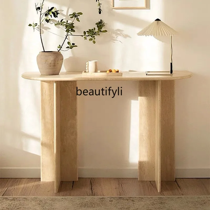 Entrance table Natural marble wall table Entrance wabi sandy wind creative travertine case