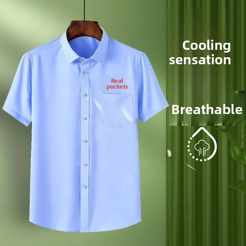 Summer Thin Ice Silk Short Sleeve Shirt Men's Business Casual Large Size Workwear Professional Anti-Wrinkle Dress Shirt