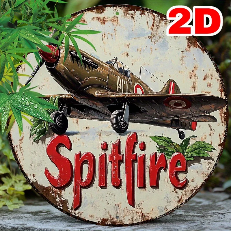 Vintage Spitfire-Style Circular Sign—2D Mural with Aviation Motifs, Weathered Appearance, Suitable for Garden or Garage Decoration