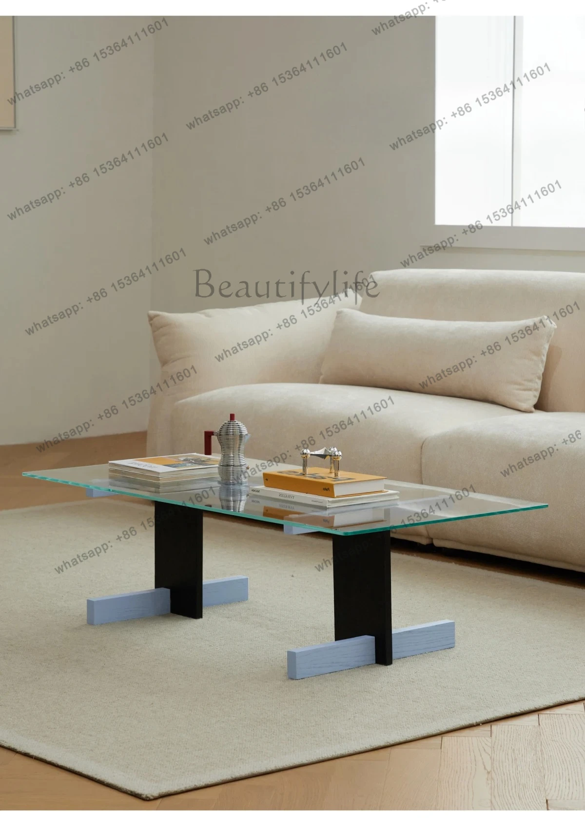 

FTavolino da caffè minimalista per la casa creativa di design artistico versatile con superficie in vetro trasparente in legno m