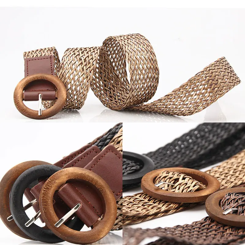 Vintage Braided Waist Belt Summer Solid Female Belt Round Wooden Buckle Fake Straw Wide Elasticity Belts For Women