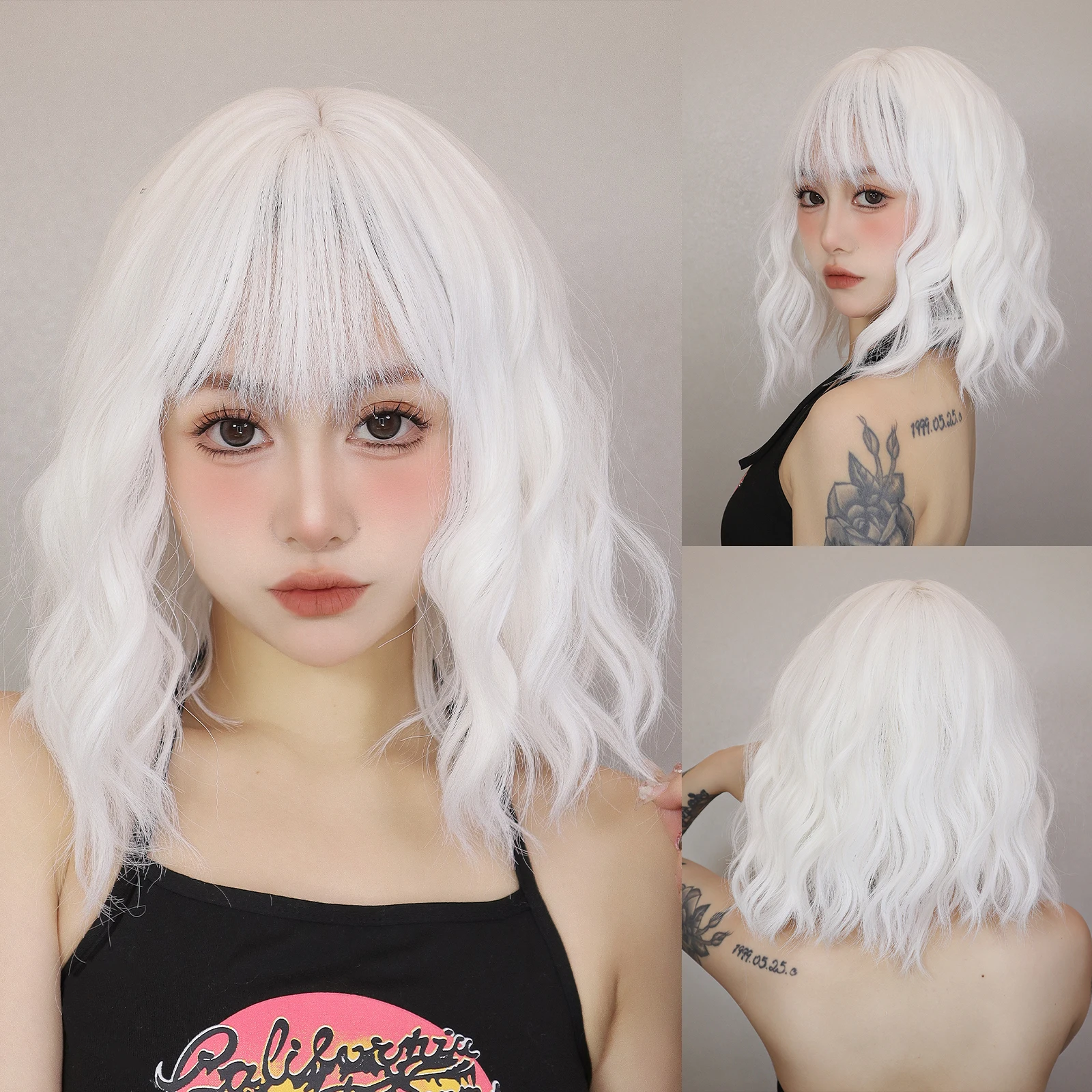 Short Wavy Soft Wigs with Bangs Daily White Colorful Synthetic Hair for Women Natural Cosplay Party Wigs High Temperature Fiber