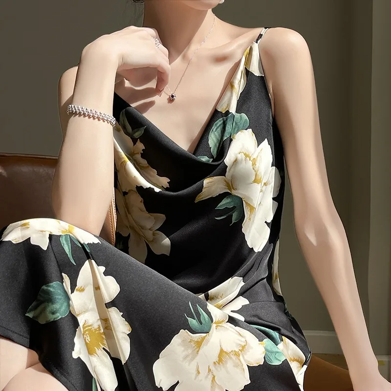 Ele Zijde Lange Gedrukt Dr Dames Zomer Slim Fit Band V-Ne Hoge Taille A-lijn Jurk Koreaanse Sle Casual Kantoorkleding