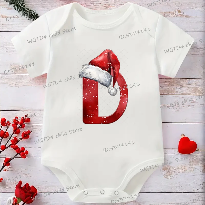 Świąteczne body dla noworodka z alfabetem A-Z, świąteczny kapelusz Świętego Mikołaja, nadruk litery K, świąteczny kombinezon dla dziewczynki i chłopca, bawełniany pajacyk.