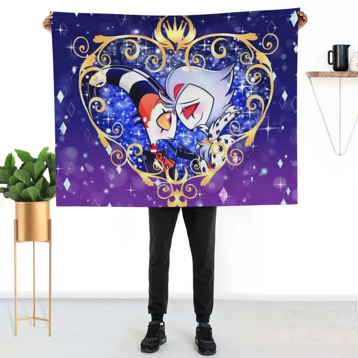 Helluva Boss Stolas and Blitzo Heart Frame Throw Blanket Stain Resistant Cozy Warm Blanket
