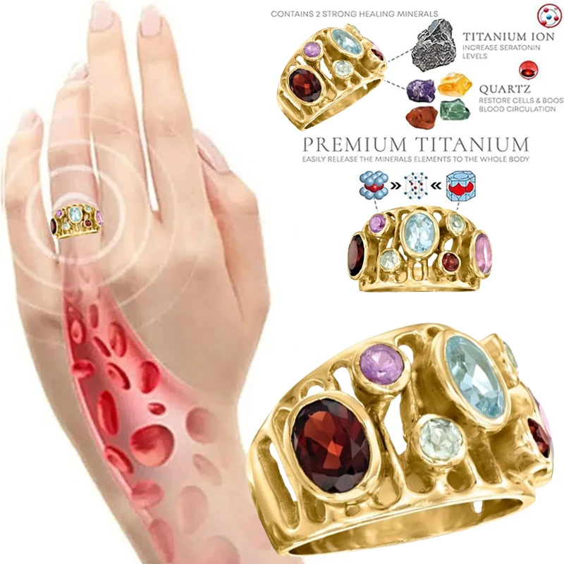 Colored Quartz Crystal Ionix Therapy Lymphatic Drainage Ring Women Fashion Gold Color Weight Loss Slimming Jewelry Accessories