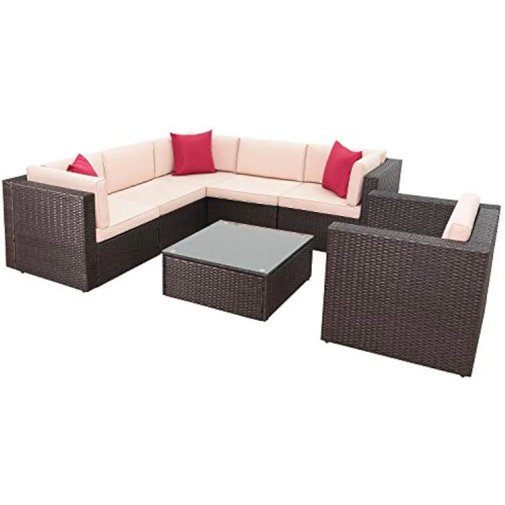 

7 Pieces Outdoor Patio Furniture Sofa Set, All Weather PE Rattan Wicker Sectional Sets Modern Modular Couch Outside Conversatio