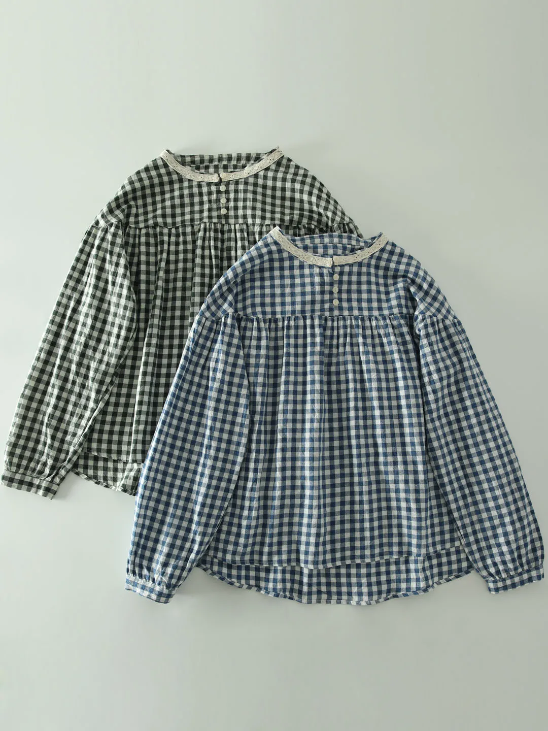 

Весенне-осенняя свободная рубашка из чистого хлопка с длинными рукавами в клетку и кружевным воротником в японском стиле Sweet Forest Girl Top