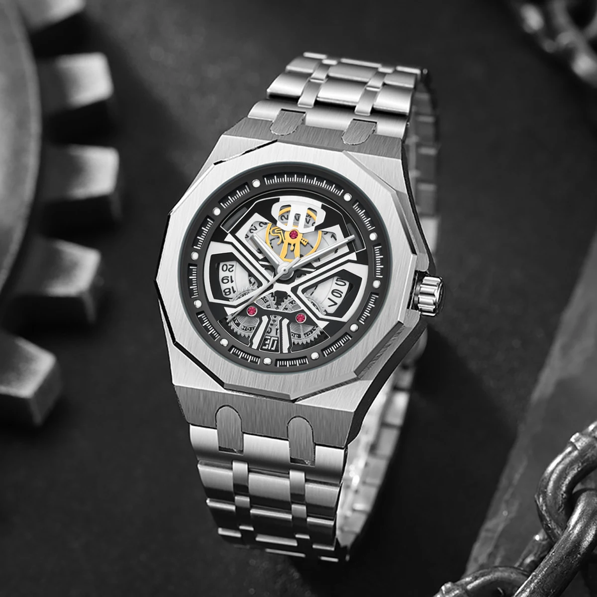 1 Piece of Men's Vintage Wristwatch - With a Dial Design Featuring Gear Elements, Rectangular Hands, Metal Band, Quartz Movement