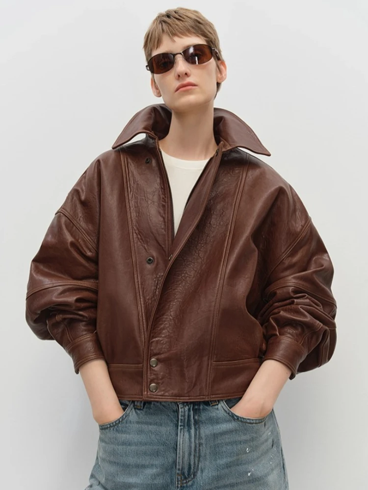 Vintage Short Genuine Leather Jackets for Women Autumn Winter 2025 High-end Simple Classic Bubble Real Sheepskin Quilted Coats