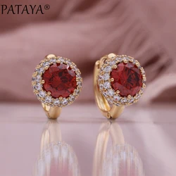 PATAYA New 585 Rose Gold Color Drop Earrings for Women Round Cut Dazzling Red Natural Zircon Accessories Daily Fine Jewelry