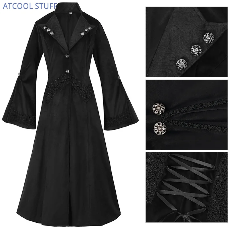 Women Winter Halloween Witch Coat Gothic Steampunk Lace Trim Black Long Jacket Victorian Medieval Vintage Tailcoat