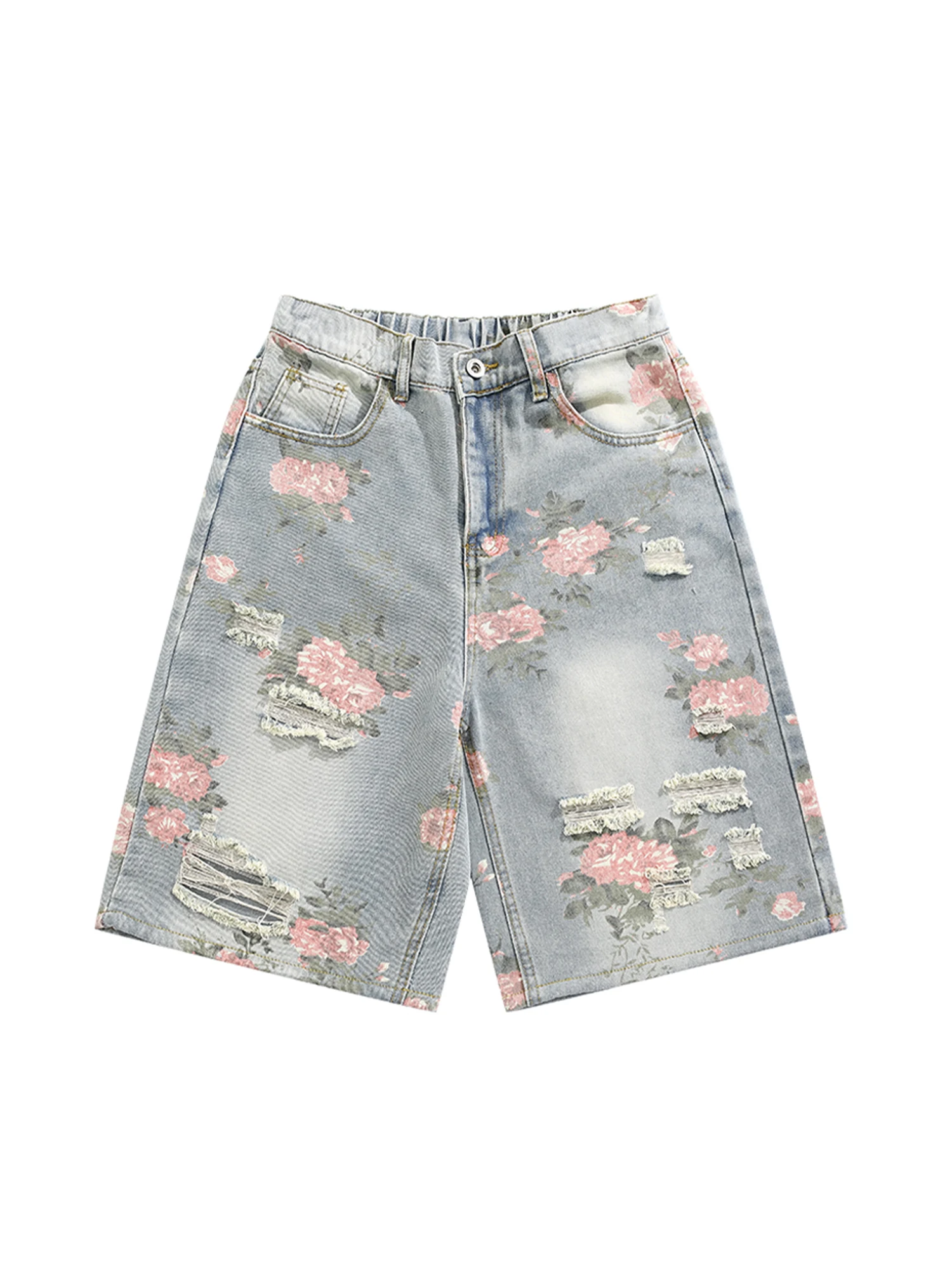 المرأة الأزرق ممزق الدينيم السراويل 2000s Y2k كبيرة الحجم طول الركبة شورت جينز Harajuku خمر زهرة طباعة كاوبوي سراويل قصيرة #5