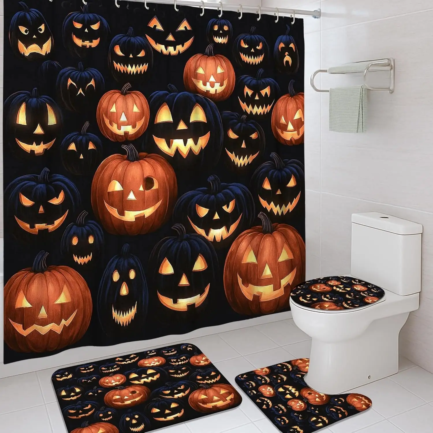 

4 шт., набор занавесок для душа с тыквой, оранжевый, черный коврик для ванной на Хэллоуин, аксессуары для декора ванной комнаты, осенний современный водонепроницаемый коврик