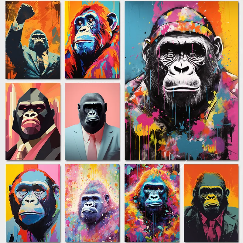 1pcs Canvas Painting of Colorful Orangutan Wearing Suit With Garland in Crowd Decoration for Bedroom Decor Wall Decoration Frame