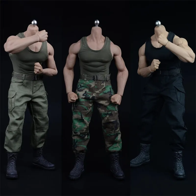 

1/6 Male Handsome Uniform Combat Suit Camouflage Pants Black Vest Belt For 12 Inch AT027 M34 M35 Action Figure Body Dolls Toys