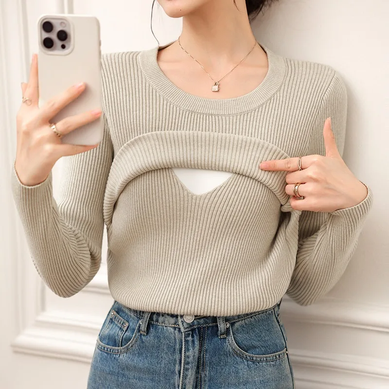 

U-Neck Maternity Nursing Sweater for Autumn & Winter - Soft Thickened & Flattering Knitted Breastfeeding Top for Postpartum