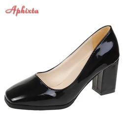 Aphixta-zapatos cuadrados de charol para mujer, calzado de tacón grueso, trabajo, fiesta, talla grande 50, 7,5 cm