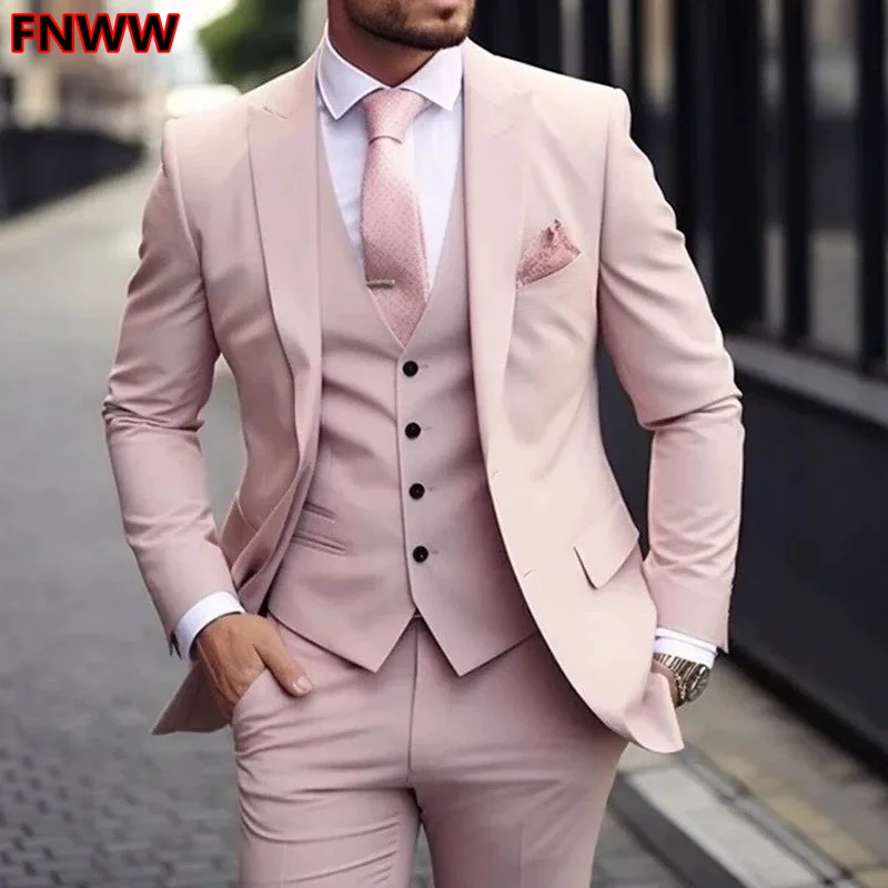 

Pink Luxury Slim Fit 3 Piece Men's Tuxedo Suits 2024 with Vest Groom Wedding Formal Occasion Costume Homme Jacket Pant