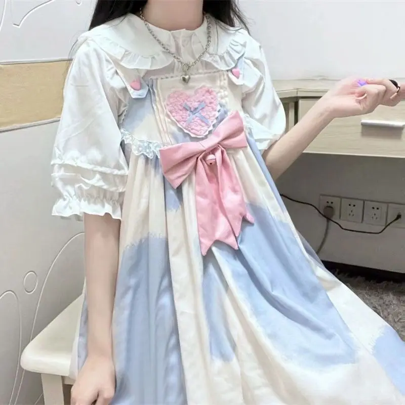 

Two-piece suit Japanese sweet cow pattern Lolita bow strap dress schoolgirl doll collar shirt vestidos Regular Fit