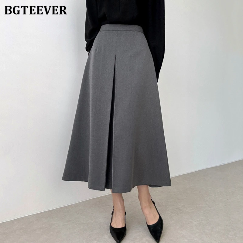 

BGTEEVER Elegant High Waist A-line Skirts for Women Fashion Loose Female Mid-Length Skrits