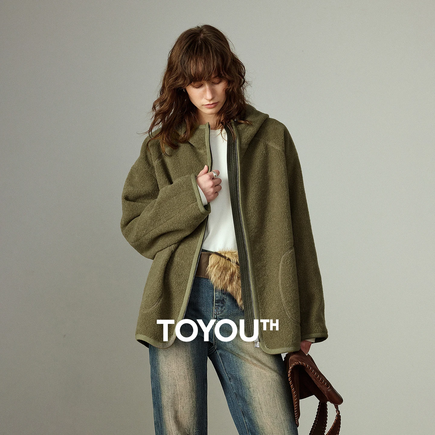 TOYOUTH Women Plush Coats 2025 Winter New Retro Pine Green Warm Hooded Loose Casual Tops