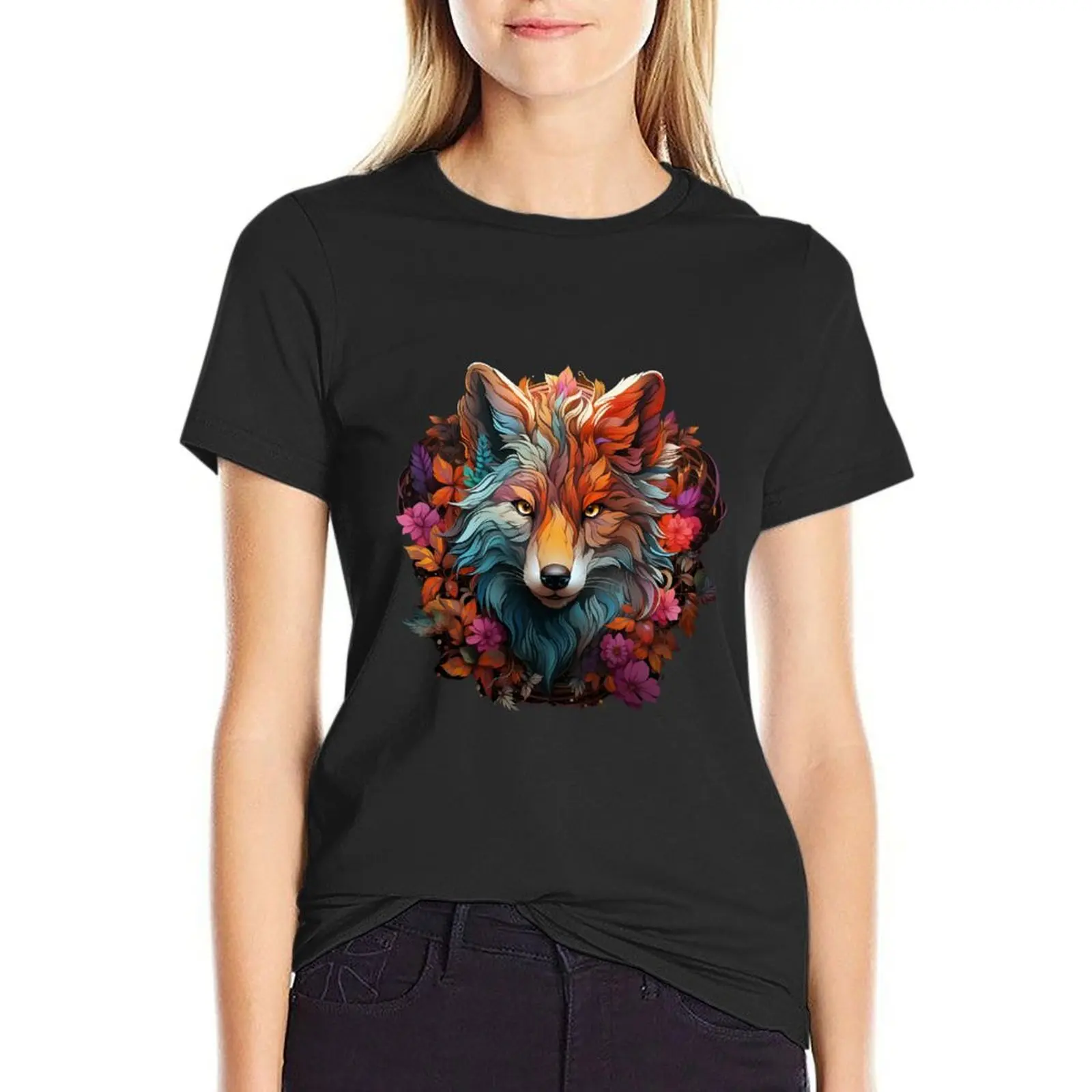 

Floral Wolf T-shirt shirts graphic tees vintage clothes graphic t-shirts for Women