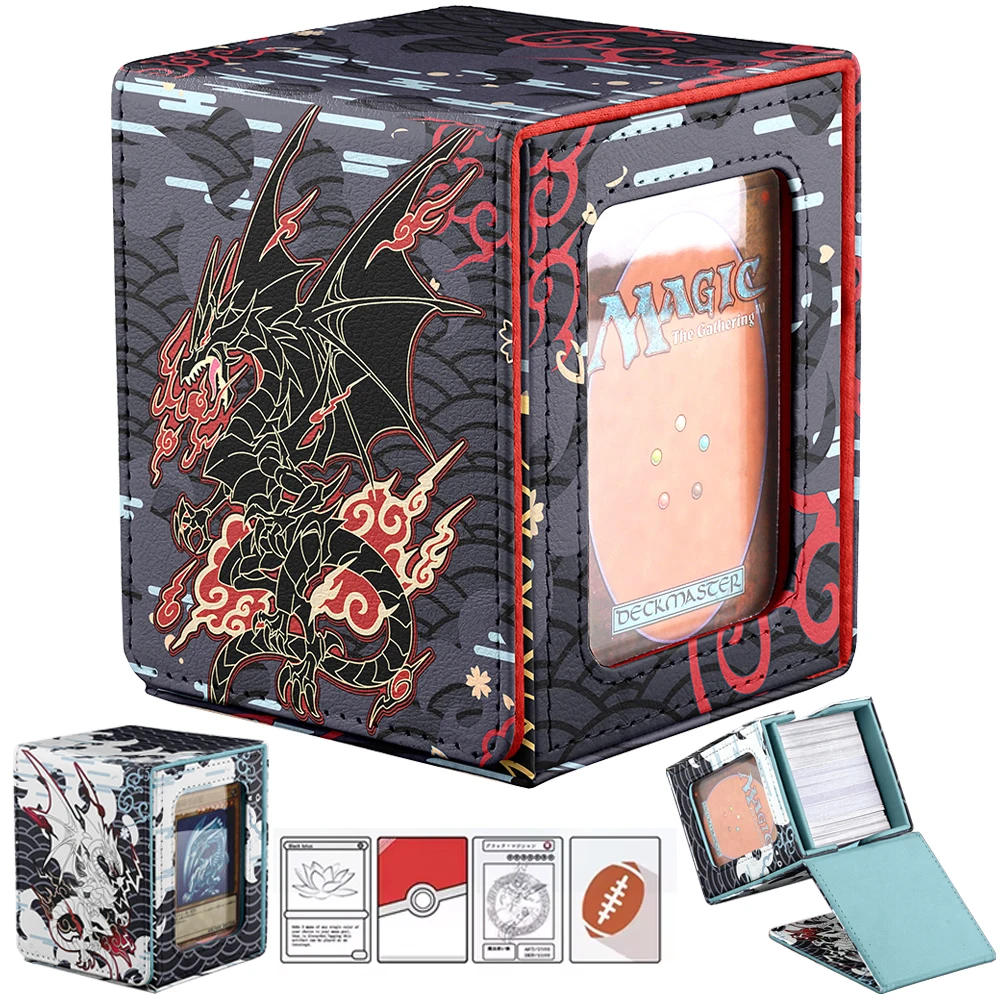 Card Deck Case for Trading Cards 100+ with 2 Dividers & dice PU Leather TCG Card Deck Case Holder for Magic commander YGO