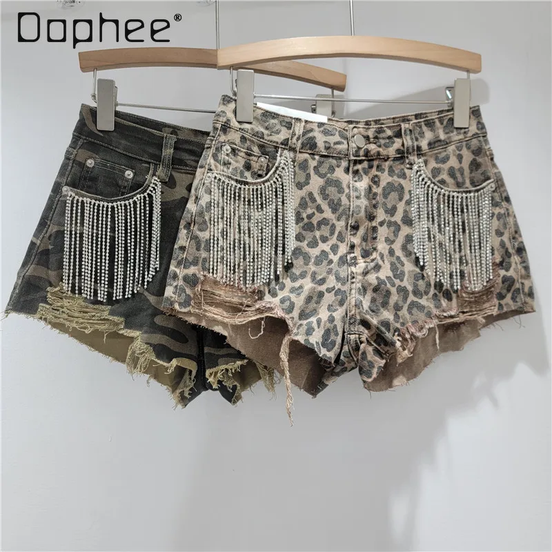 Diamond Fringed Denim Shorts Women 2025 Summer New Retro Leopard Print High Waist Ripped Rough Edge Wide Leg Pants Sexy Shorts