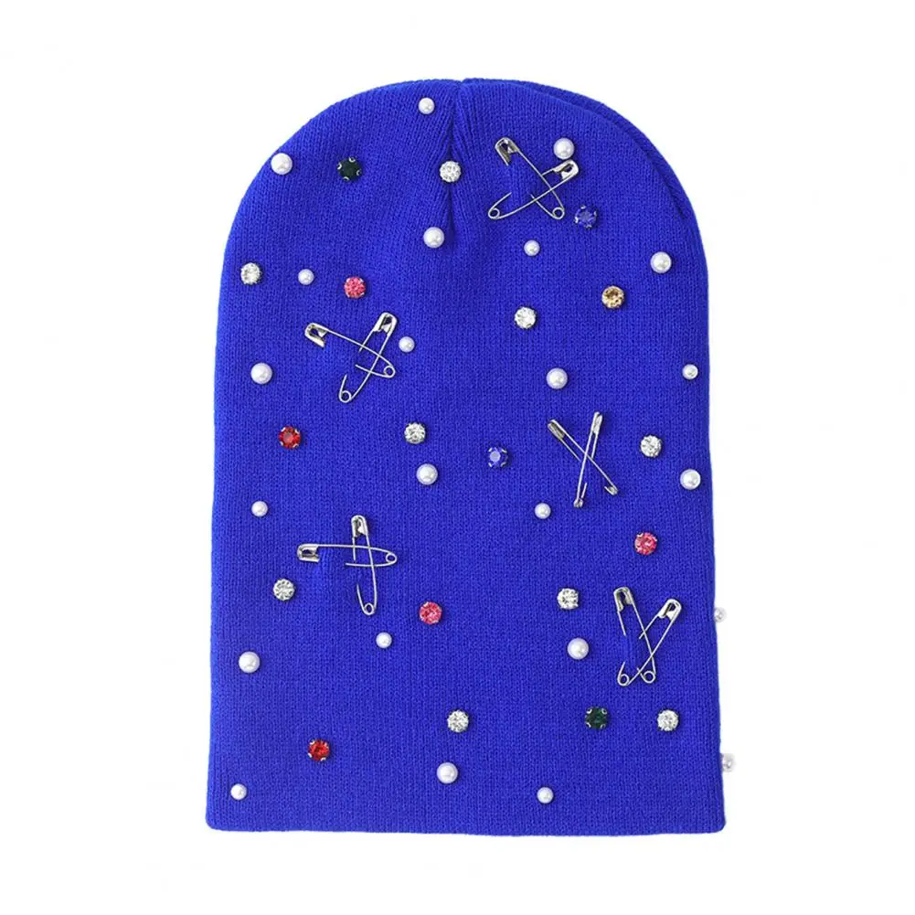 Brimless Hat for Women Colorful Rhinestone Knit Hat Faux Pearl Safety Pin Bling Winter Warm Hop Cap for Women Street Fashion