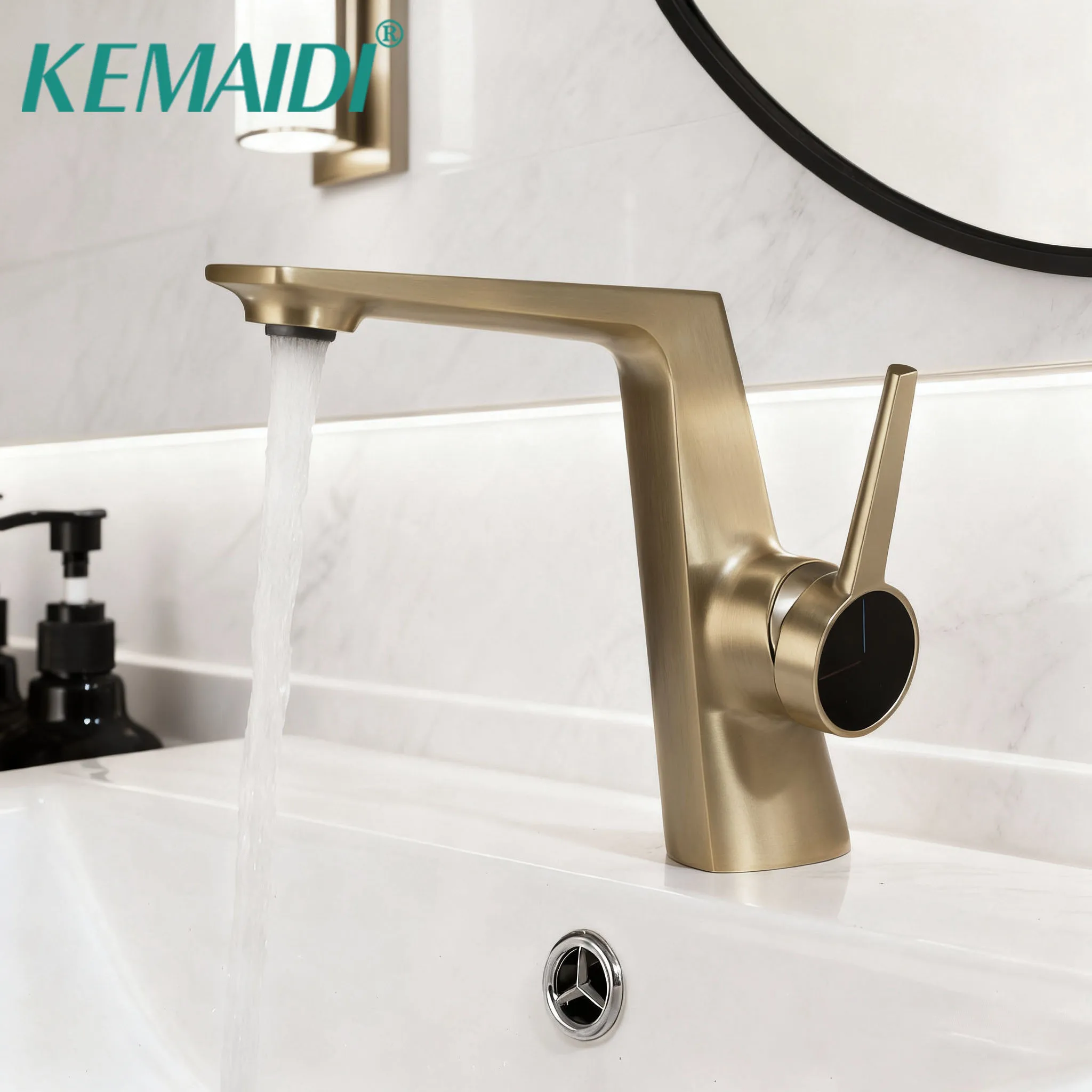 

KEMAIDI Bathroom Basin Sink Faucet Brushed Gold Single Handle Wash Basin Water Tap Solid Brass Hot Cold Water Mixer Faucets