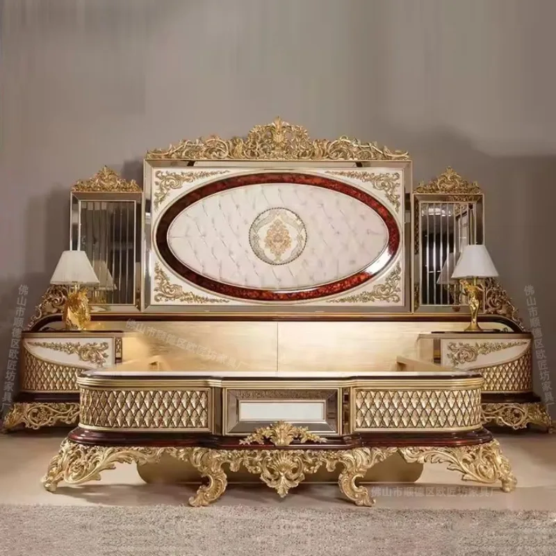 French fabric bed solid wood carving European fabric double bed French four-door wardrobe gold foil dresser villa bed