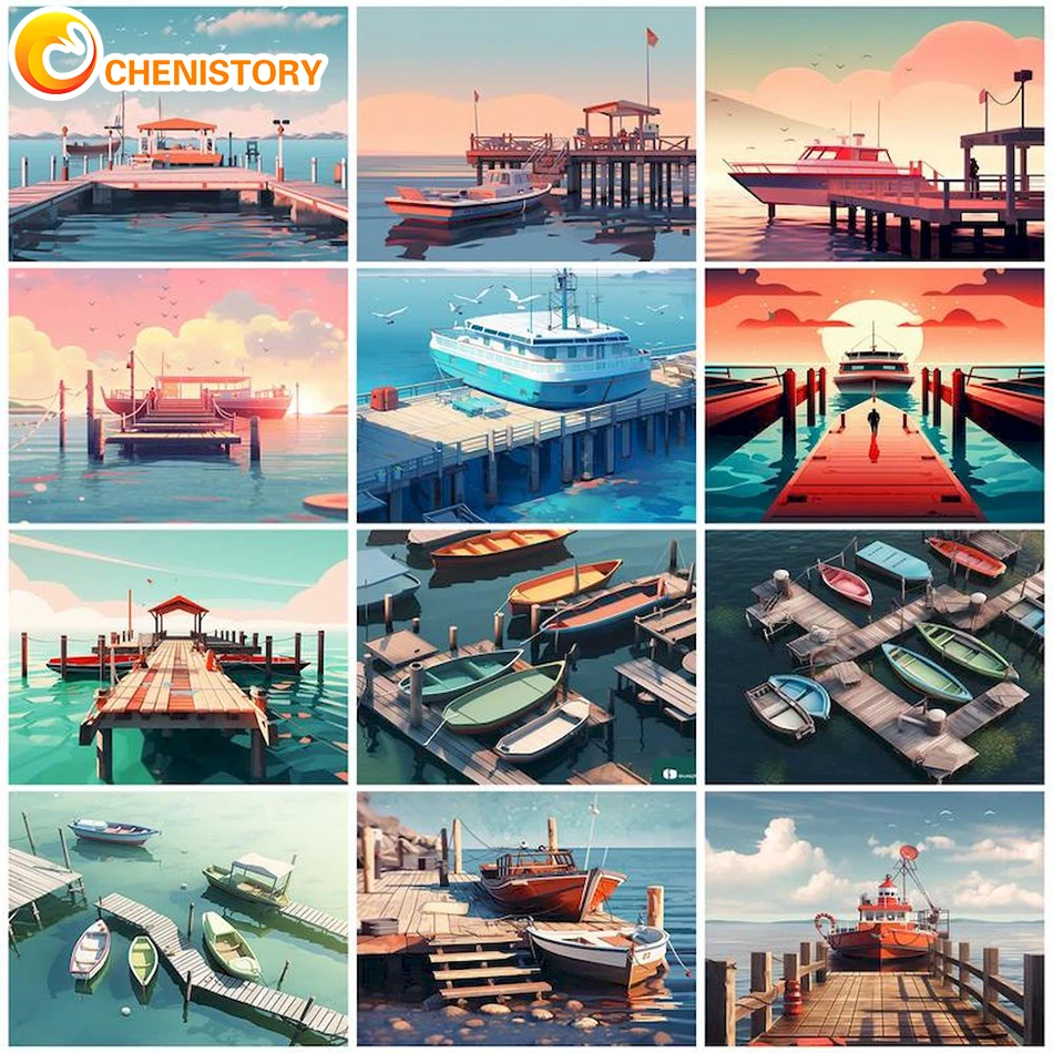 CHENISTOTY 60x75cm Painting By y Numbers On Canvas Picture Drawing Boat Landscape Drawing  Aults Crafts Home Decoration