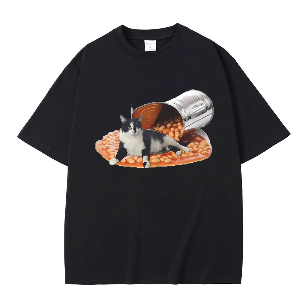 

Cat in Can of Beans Print T Shirts Men Women Cute Kawaii Oversized T-shirt Tops Male Casual Pure Cotton Crewneck Short Sleeve