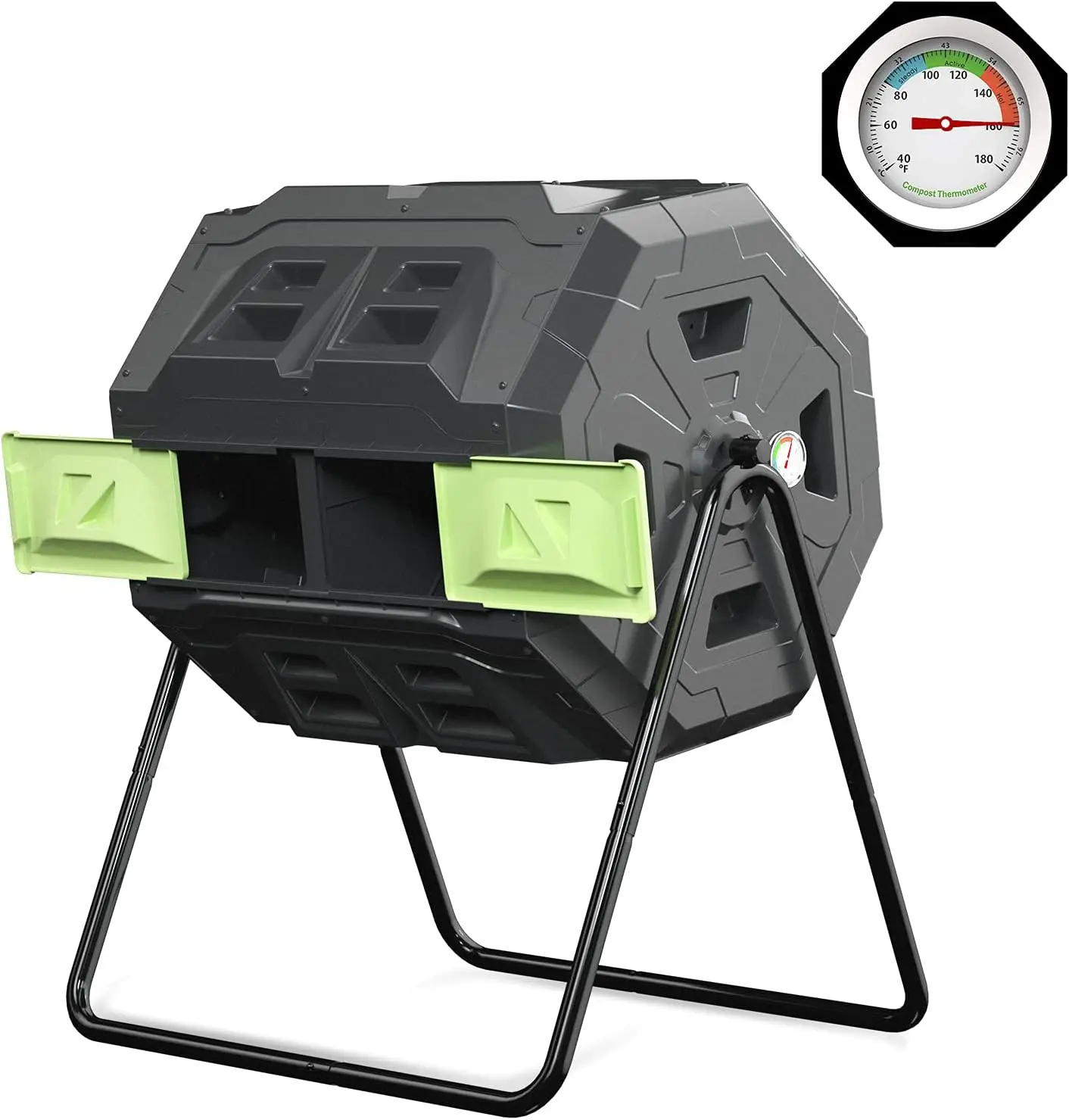 

Large Compost Tumbler Bin with Thermometer - Outdoor Garden Rotating, Sturdy Steel Frame, 43 Gallon Capacity