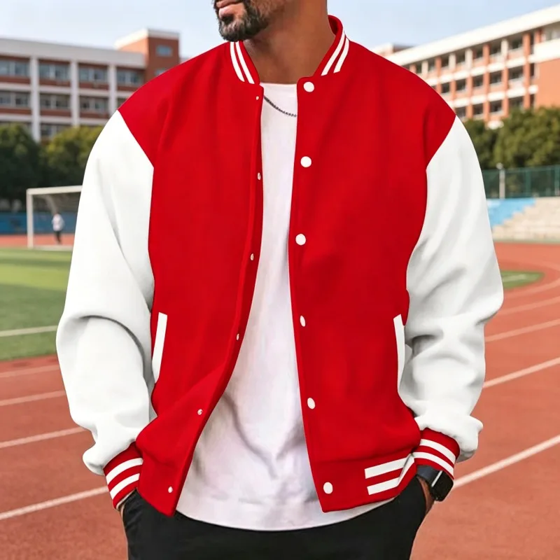 Mens Classic Black White Contrast Varsity Jacket Striped Rib Trim Button Up Loose Baseball Bomber Casual Street Outer Coat